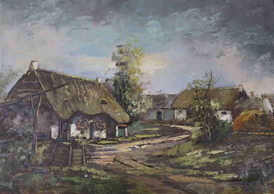 Searing, oil on canvas, Thatched cottages, signed 50 x 70cm unframed